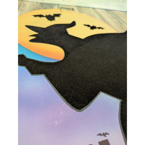 Vintage Halloween Witch Castle Bats Flocked Wall Hanging Decoration 13x17 Eureka - Picture 3 of 6